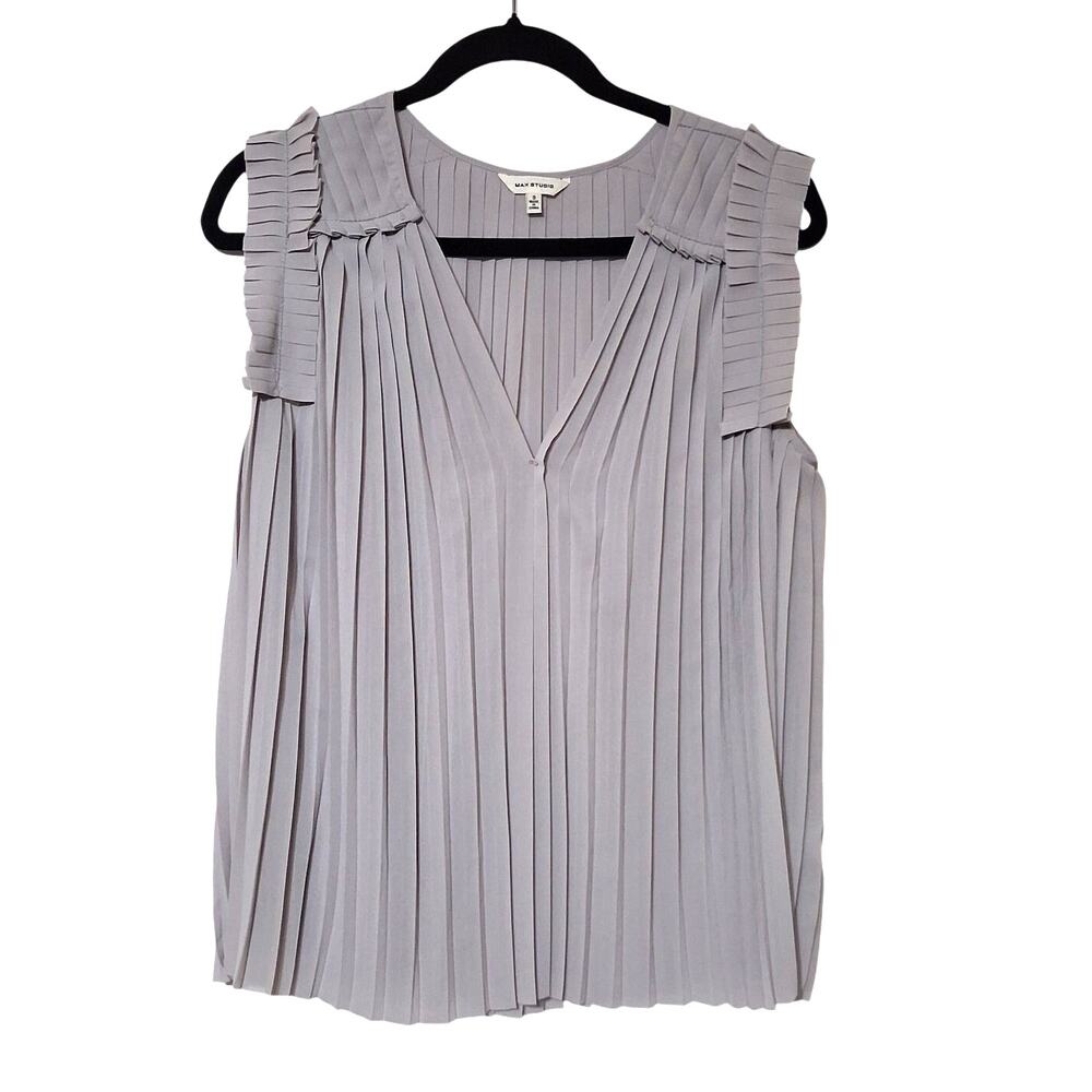 Max Studio Pale Gray Lilac Pleated Ruffle Short Sleeve Blouse Women's S